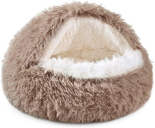 NOYAL Round Hooded Donut Dog Bed for Small & Medium Pets - Plush Fluffy Anti-Anxiety Cat Cave Bed with Cover