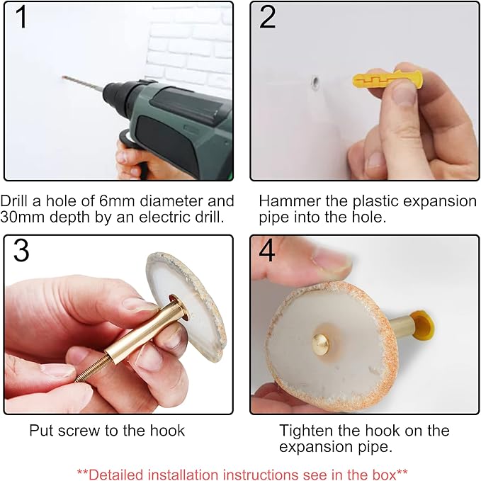 4 Pcs Unique Agate Wall Hooks for Hanging, Coat Hooks Wall Mounted Brass Single Hook for Hanging, Hat Bag Hooks for Wall Decorative Curtain Tieback Hooks