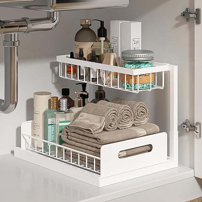 Pull Out Under Sink Organizer, 2-Tier Slide Out Sink Shelf Cabinet Storage for Kitchen Bathroom, White, 1 Pack