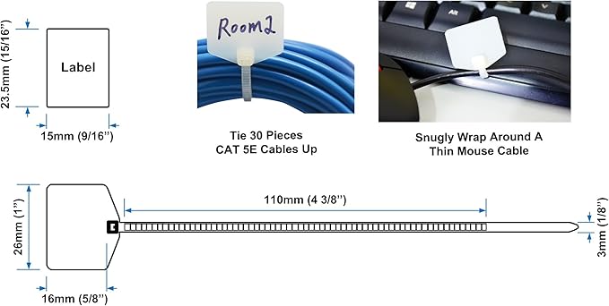 Mr-Label 4-3/8” Nylon Cable Zip Ties Tags Labels Marker – Write on | Self-Locking – with Free Printable Labels - for Wire Marking and Organizing (100, White)