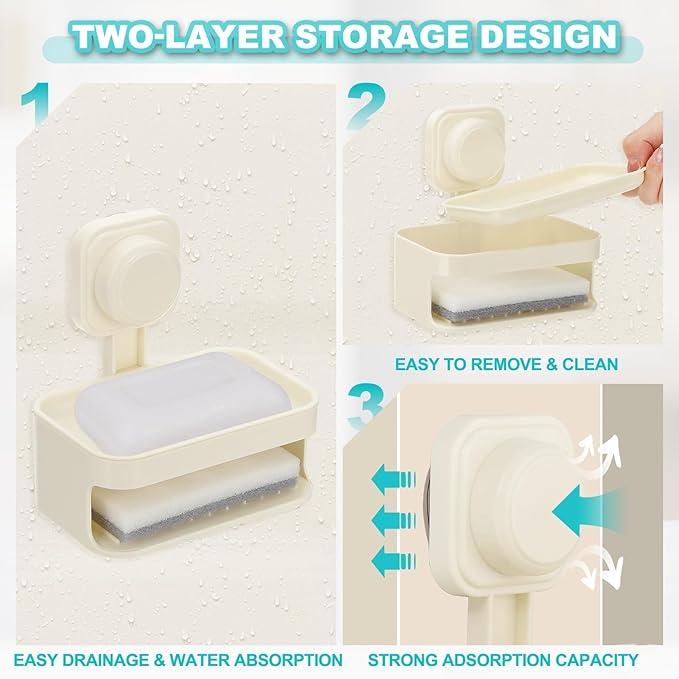 uxcell 1Pcs Suction Cup Soap Dish, Removable and Reusable Wall Mounted Double Bar Soap Holder for Shower No-Drilling Sponge Holder for Bathroom Kitchen, Gray