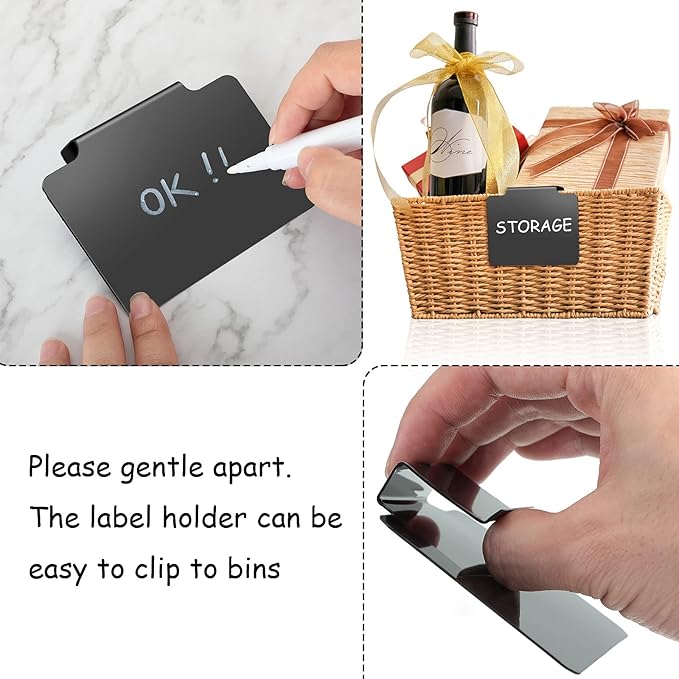 29 Pieces Basket Labels Clip on for Storage Bins Includes 22 Kitchen Bin Label Holder Removable PVC Clip Label Holders for Baskets and 2 Chalk Markers for Storage Basket (Black)