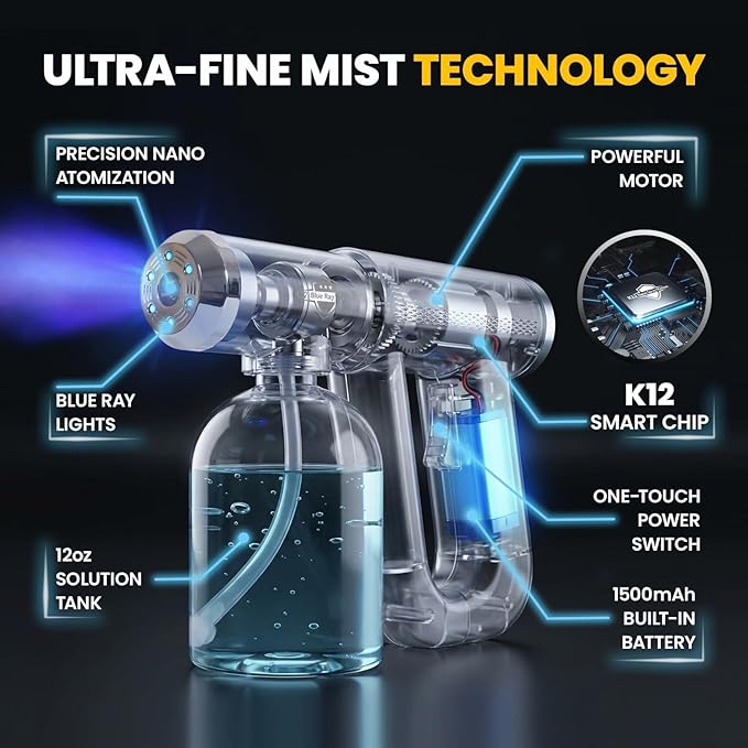 The Finest Atomizer Sprayer with Blue Light, Multipurpose Nano Spray Gun for Home, Salon & Garden, Cordless Nano Steam & Rechargeable ULV Barber Spray Gun for Mist Sprayer, 2 Pack (White & Black)