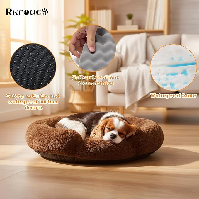 Fluffy Dog Bed Calming Donut Beds for Large Dogs Warming Round Small Medium Pet Nest Cozy Cat Mattress Indoor Washable Puppy Kennel Kittens Sleep Mat (S, 23.6×23.6 inch, Brown)