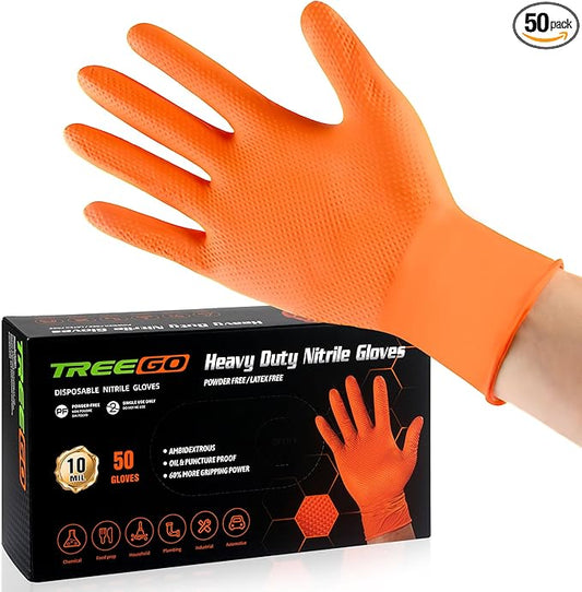 TREEGO 10 Mil Nitrile Gloves Disposable Orange Gloves - Heavy Duty Rubber Mechanic Gloves with Double Diamond Grip, Latex Free Industrial Work Gloves for Tools & Garage, 50 Count Medium