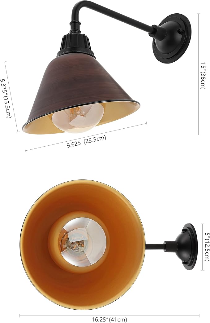 JONATHAN Y JYL7612G Croydon 9.63" 1-Light Farmhouse Industrial Indoor/Outdoor Iron LED Gooseneck Arm Outdoor Sconce Metal Bell Shade Vintage Cottage Rustic Porch Patio Yard Barn, Wood Finish/Copper