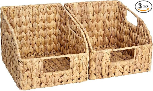 Set of 3 Handwoven Water Hyacinth Storage Baskets – Decorative Natural Wicker Organizer Bins with Built-in Handles for Bathroom, Kitchen, Pantry, Nursery, Closet, Laundry, Living Room, and Home Use