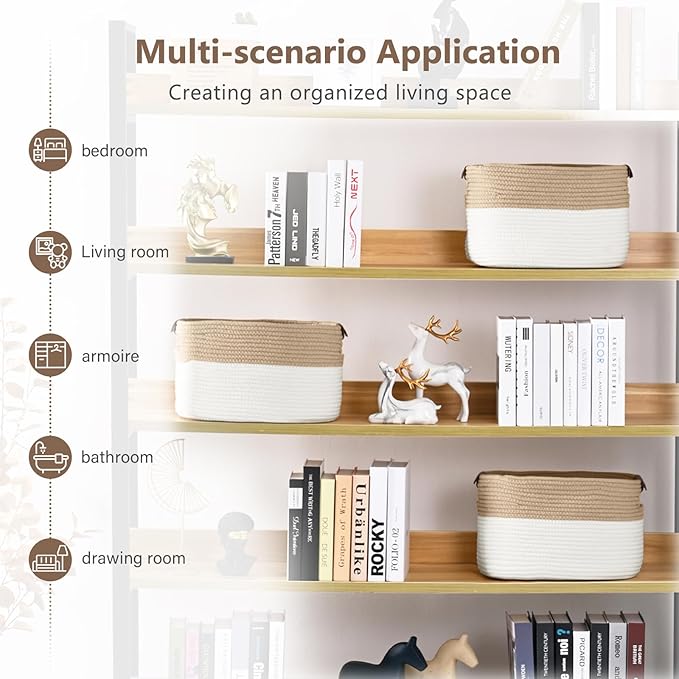 Cotton Rope Storage Baskets, 15x10x9 in, Rectangular, White/Beige-1Pack, Modern, Easy To Use, Foldable, Laundry, Storage, Decoration