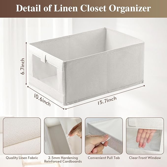 Linen Closet Organizers and Storage, 4 Pack Storage Bins Linen Clothing Organizer Baskets with Mesh Window, Foldable Closet Organizer for Clothing, Towels, Toys, Nursery, Books, Shelves (Beige)