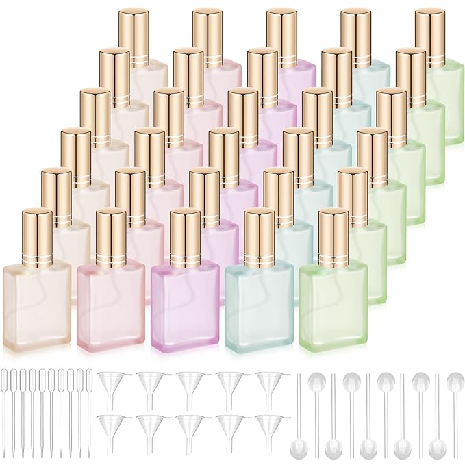 Domensi 30 Pcs 15 ml Glass Perfume Bottles Mini Glass Empty Spray Atomizer Bottles Bulk Refillable Perfume Dispenser Container with Pump Tool for Travel Plants Hair Cleaning Skin Care(Light Color)