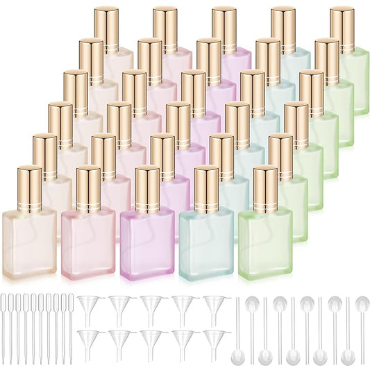 Domensi 30 Pcs 15 ml Glass Perfume Bottles Mini Glass Empty Spray Atomizer Bottles Bulk Refillable Perfume Dispenser Container with Pump Tool for Travel Plants Hair Cleaning Skin Care(Light Color)