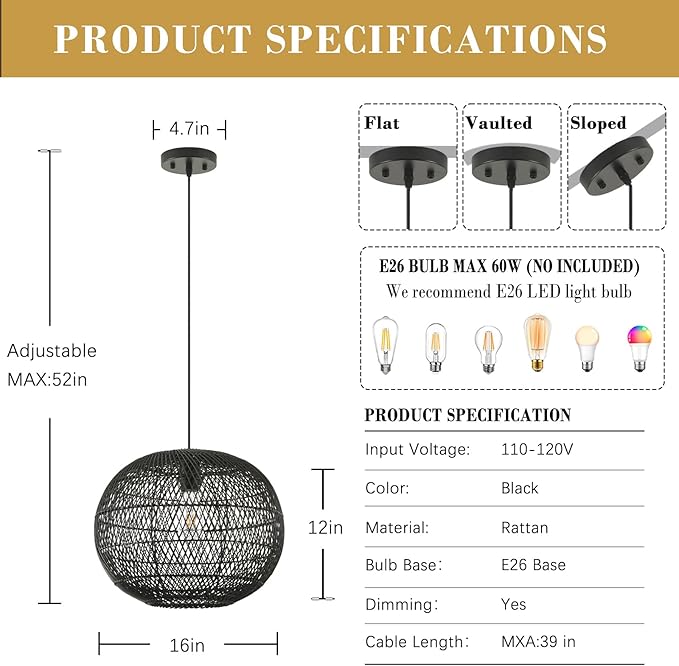 Black Rattan Pendant Light, 16in Globe Rattan Chandelier Boho Wicker Hanging Lighting Fixture Black Woven Chandelier for Dining Room Kitchen Island Living Room Bedroom Foyer Entrance