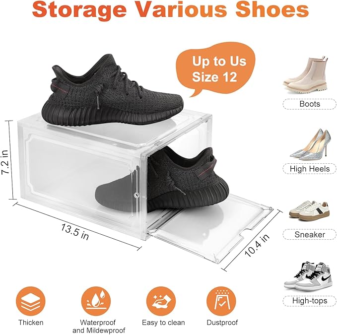 Shoe Box, Clear Shoe Storage Organizer with Magnetic Door,Stackable Plastic Shoe Boxes for Sneakers,and Heels,Durable Shoe Cabinet Organizer Space-Saving Foldable Shoe Rack for Closet, (clear, 4 pcs)