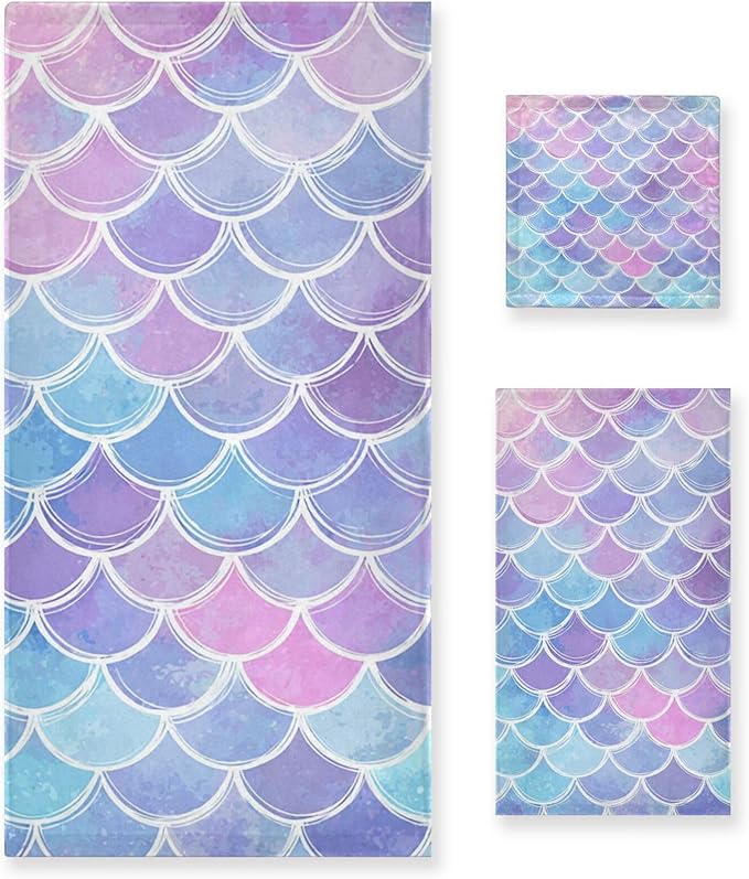 Magic Pink Blue Mermaid Scales Towels Set of 3 Rainbow Marble Galaxy Bathroom Towel Soft Absorbent Bath Hand Towels Washcloth Guest Towel Sets Bathroom Decorations