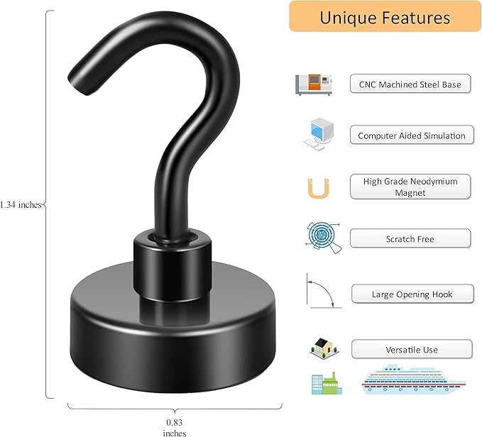 Neosmuk Magnetic Hooks, Heavy Duty Earth Magnets with Hook for Refrigerator, Extra Strong Cruise Hook for Hanging, Magnetic Hanger for Cabins, Grill (Black, 4 Pack)
