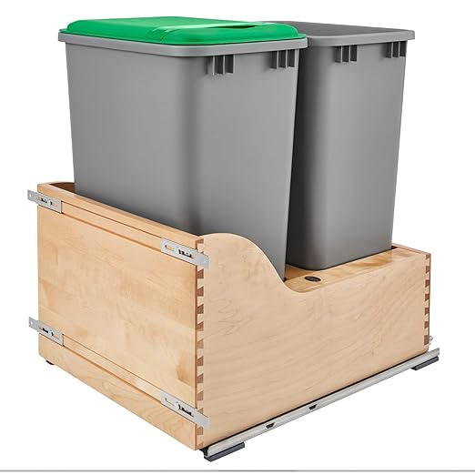 Rev-A-Shelf Pullout Trash Cans for Kitchen Cabinet, Dual 50 Qt Bins with 18" Wood Frame - Large Garbage Bin Containers for Home Waste Storage and Recycling