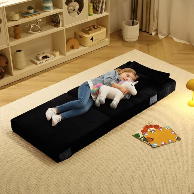Tiita Convertible Folding Kids Sofa Bed with Pillow & Storage Bag, Plush Fabric Floor Mattress Couch Bed, Washable Cover, Kids Room, Playroom, Dorm, Apartment, Black