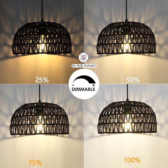 HuisMier Rattan Hanging Lamp Plug in Pendant Light, 15 Ft Hanging lamp with Wicker Woven Basket Lampshade, Dimmable Boho Hanging Lamp for Dining Room Living Room Bedroom, Black