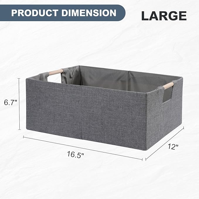 ANMINY 6PCS Storage Baskets for Organizing Collapsible Fabric Storage Bins Boxes with Wood Handles Closet Shelves Cube Organizer Bins Clothes Laundry Storage Container - Large, Gray