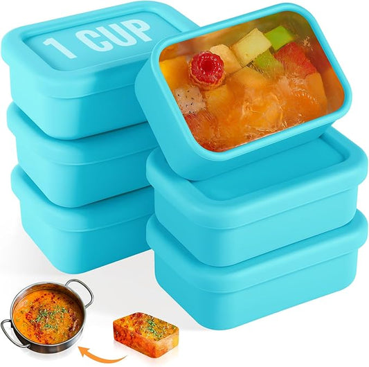 6 Packs 1 Cup Silicone Soup Freezer Molds with Lid Silicone Soup Freezer Trays Rectangle Reusable Food Preserving Tray Freezing Sauces Stews(Lake Blue)