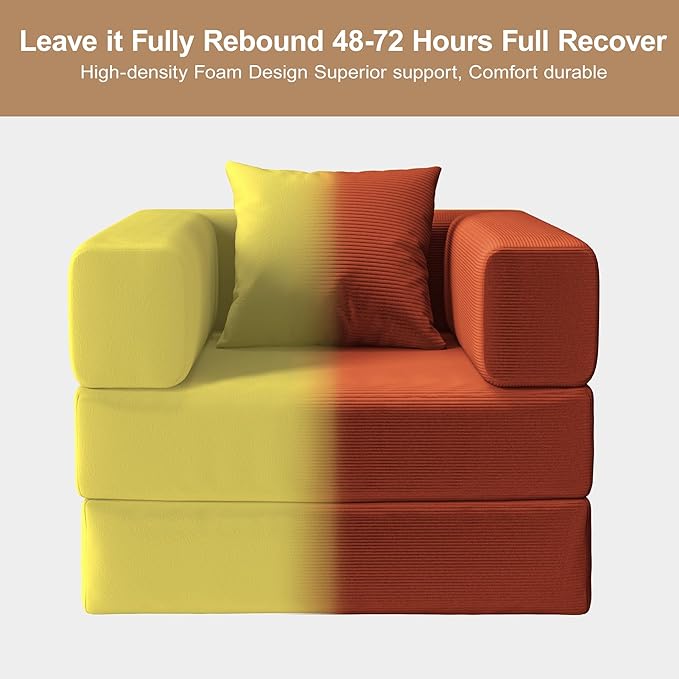 Folding Sofa Bed, 2 in 1 Convertible Sofas to Lounger Comfy Single Bean Bag Chair Floor Portable Foldable Sleeper Lazy Futon Couch Chair for Bedroom, Living Room(Orange, 35.43" Single Sofa)