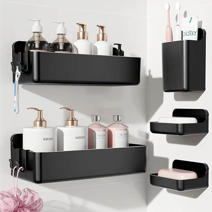 Shower Shelves 5 Pack — Adhesive Shower Wall Shelf Organizer for Bathroom Organization, Black