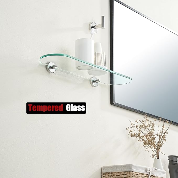 JQK Bathroom Glass Shelf Chrome, Tempered Glass Shower Storage 20 by 5 inches, 304 Stainless Steel Polished Chrome Wall Mount, TGS121L20-CH