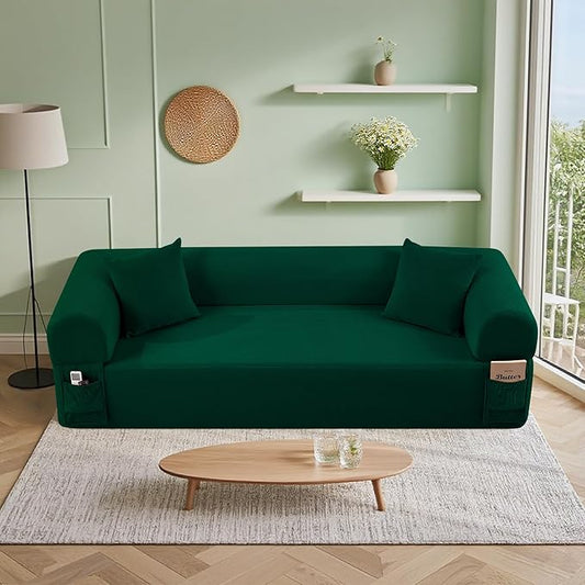 83'' Boneless Sofa in A Box, 3-Seater Floor Sofa No Assembly Corduroy Couch for Living Room, Cloud Couch with 2 Pillows & Storage Bag, Memory Foam Small Floor Couches for Office, Dark Green