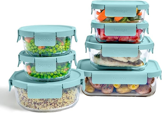 Bentgo Glass Leak-Proof Food Storage Set - 14-Piece Glass Containers with BPA-Free Airtight Lids, Reusable & Durable for Leftovers & Meal Prep - Microwave, Freezer, Oven & Dishwasher Safe (Soft Aqua)