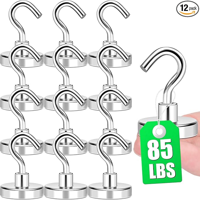 MIKEDE 12 Pack Magnetic Hooks Heavy Duty, 85lbs Strong Magnets with Metal Hooks for Cruise Cabins, Industrial Strength Magnets Hooks Perfect for Hanging on Cruise Ships, Refrigerator