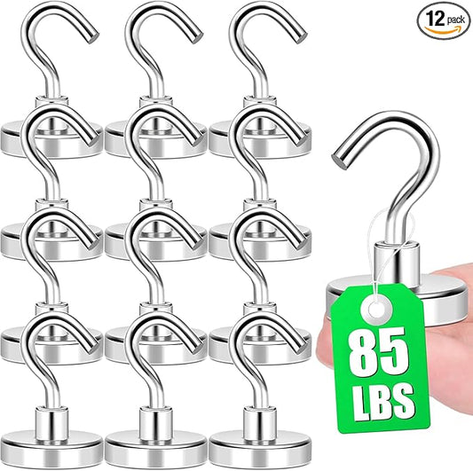 MIKEDE 12 Pack Magnetic Hooks Heavy Duty, 85lbs Strong Magnets with Metal Hooks for Cruise Cabins, Industrial Strength Magnets Hooks Perfect for Hanging on Cruise Ships, Refrigerator