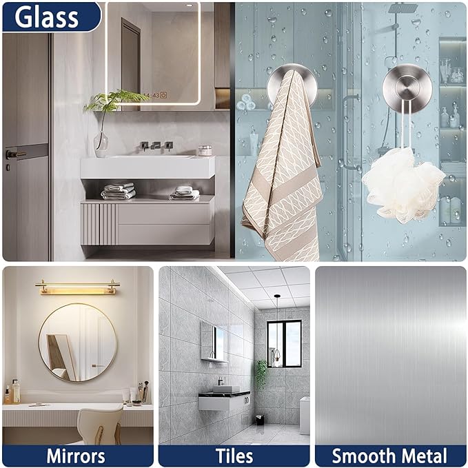 Silver Suction Cup Hooks for Shower Waterproof - No Drill Stainless Steel Towel Hooks for Bathroom Wall, Kitchen, Glass, Mirror, Tile - Ideal for Hanging Towels, Robes, and Loofahs(4 pcs)