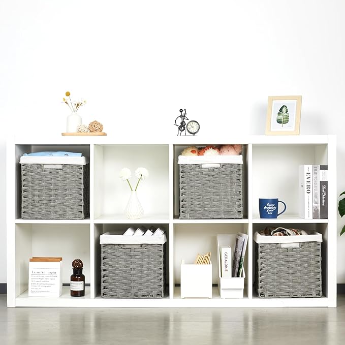 Bidtakay Wicker Cube Baskets with Liners Cube Storage Organizer for Shelves Closet 11 inch 4 Pack Decorative Hand-Woven Imitation Wicker Storage Bins for Organizing Pantry Bedroom Light Grey