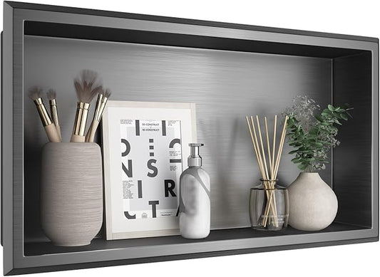 24" X 12" Shower Niche No Tile Needed, 304 Stainless Steel Recessed Wall Niche, Built-in Wall Niche Insert for Bathroom, Kitchen, Entryway, or Living Room, Gunmetal Gray