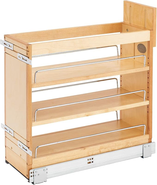 Rev-A-Shelf 8" Pullout Storage Organizer for Base Kitchen/Bathroom Cabinets, Spice Rack Pantry Shelves with Soft-Close Slides, Wood, 448-BDDSC-8C