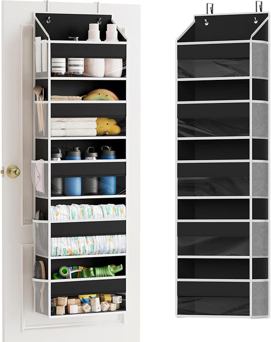 1 Pack Over The Door Organizer with 5 Large Pockets and 10 Mesh Side Pockets, 5 Layers Door Organizer Hanging with Clear Window for Bedroom, Bathroom, Pantry and Nursery, Black