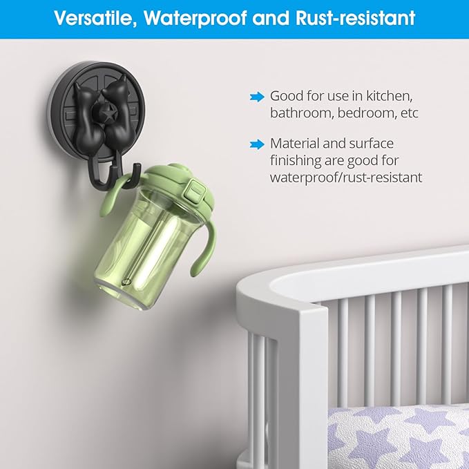 AST Cute Double-Cat Suction Cup Hook, 4 Pack, Heavy Duty Hooks, Upgraded Reliable Force of Both Adhesion and Vacuum, Wall Holders for Loofah, Towel, Coat and Bath Robe, Waterproof Hanger, Matte Black