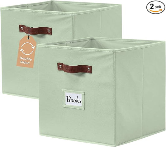 DECOMOMO Storage Bins, Cube Storage Bin with Labels, Fabric Storage Cubes for Shelves (10.5" x 11" / 2pcs, Sage Green)