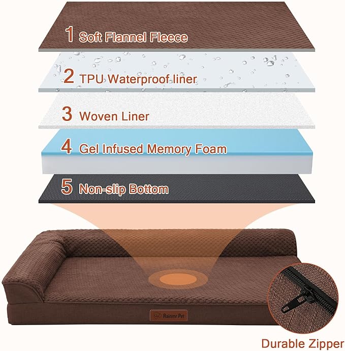 Orthopedic Dog Beds Large Sized Dog, 44x32x6 Inches Memory Foam Pet Bed for Large Dogs, Washable Removable Cover, Nonskid Bottom, Waterproof, Brown Grey