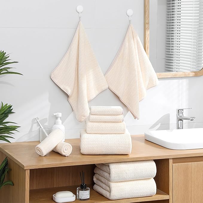 18 Piece Bath Towels Set,100% Microfiber Family Bathroom Towel with Hanging Loops-6 Bath Towels,6 Hand Towels,6 Washcloths,Quick Dry Highly Absorbent Shower Towel for Bathroom,Hotel,Spa-Beige