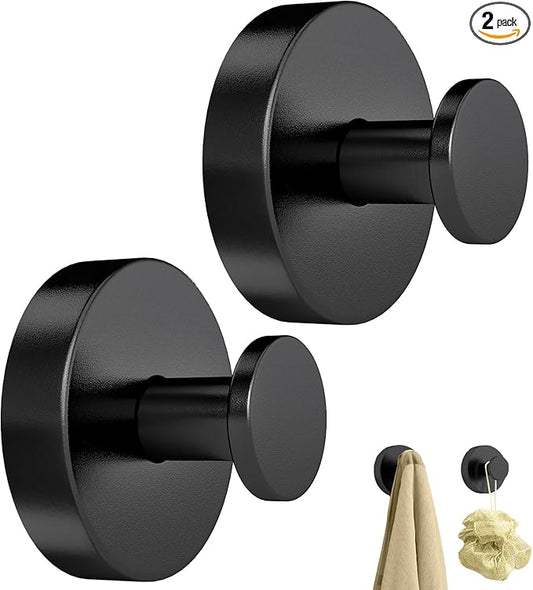 Suction Cup Hooks for Shower, Heavy Duty Towel Hooks for Bathroom Walls No Damage, Modern Shower Suction Hooks for Kitchen Wall, Glass, Mirror, Tile, Hanging Towels Robes, Black (2 Pack)