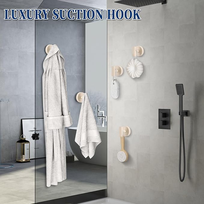 Heavy Duty Reusable Suction Cup Hooks for Shower - No Drill Bathroom/Glass/Mirror/Tiles & Metal Surfaces,and Smooth Non-Porous Surfaces for Towels, Robes, Loofahs (4, Milk White)
