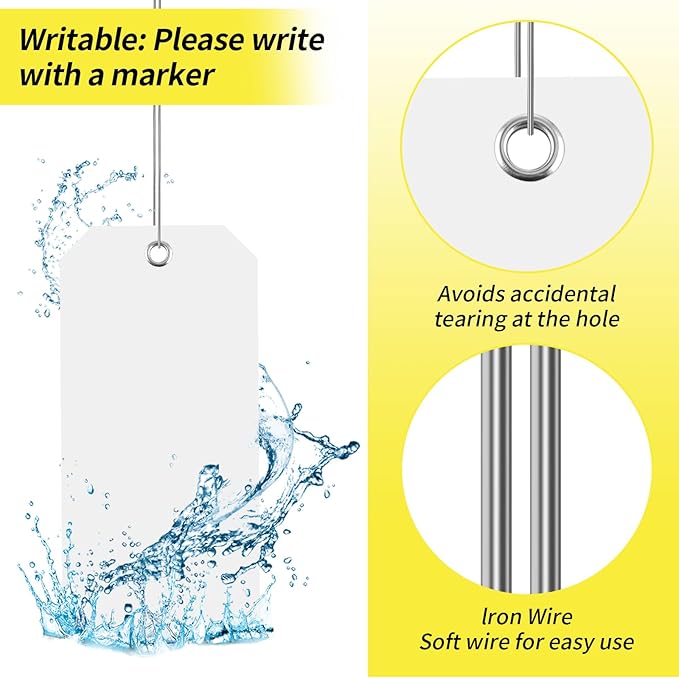 100 Large White Plastic Shipping Tags - 3x6 inch, Heavy Duty, Waterproof, Writable Wire Tags with String Attached for Luggage, Garage, Inventory, Car Parts