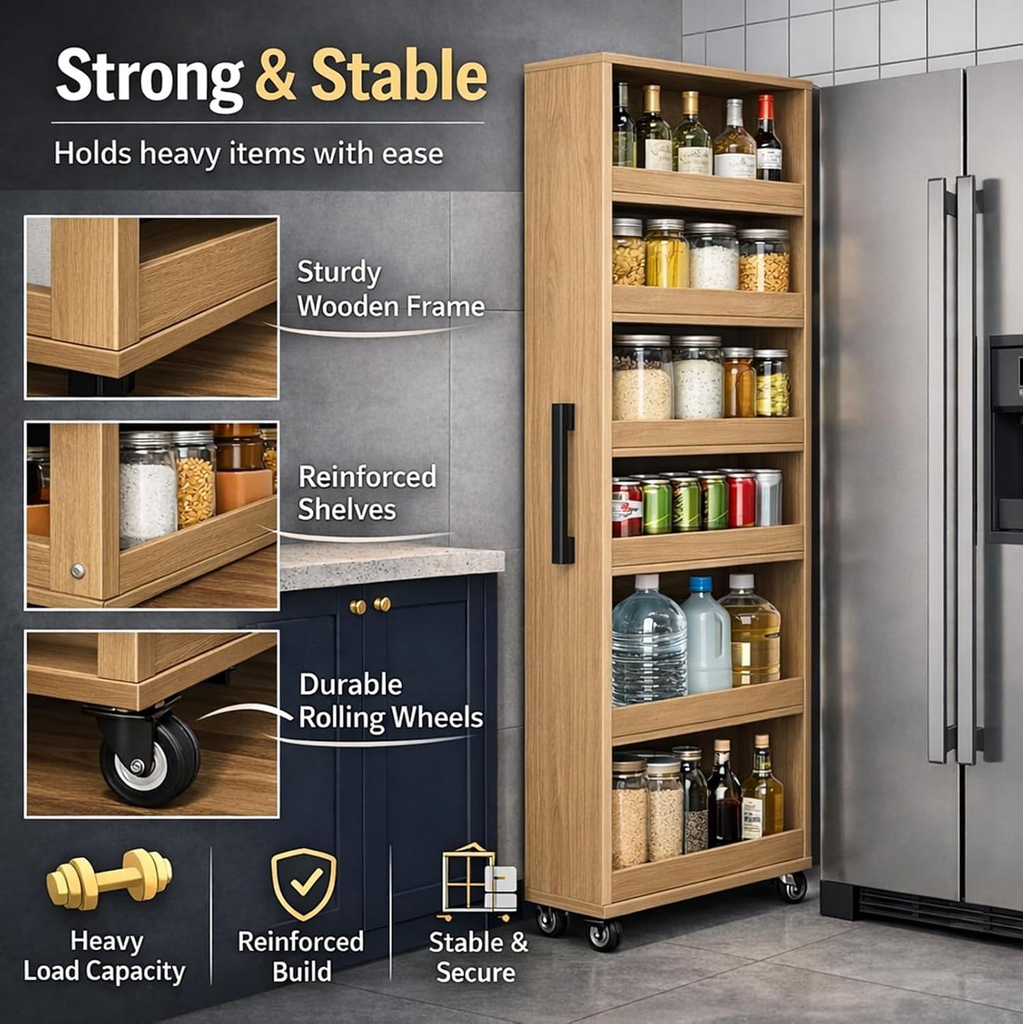 7 Tier Slim Rolling Storage Cart with Wheels, Narrow Storage Cabinet for Small Spaces, Mobile Spice Rack Organizer for Kitchen, Pantry, Baking Room, Dining Room(Wood,7.9"x19.7"x72.4")
