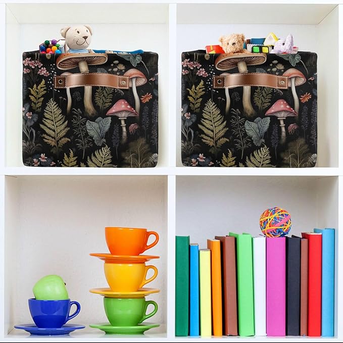 Storage Basket Mushroom Rectangular Collapsible Canvas Shelves Storage Bins with Leather Handles for Shelves Home Closet Bedroom Living Room, 2Pack