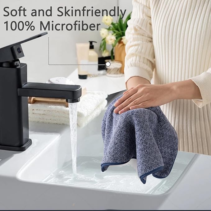 18 Piece Bath Towels Set,100% Microfiber Family Bathroom Towel with Hanging Loops-6 Bath Towels,6 Hand Towels,6 Washcloths,Quick Dry Highly Absorbent Shower Towel for Bathroom,Hotel,Spa-Navy