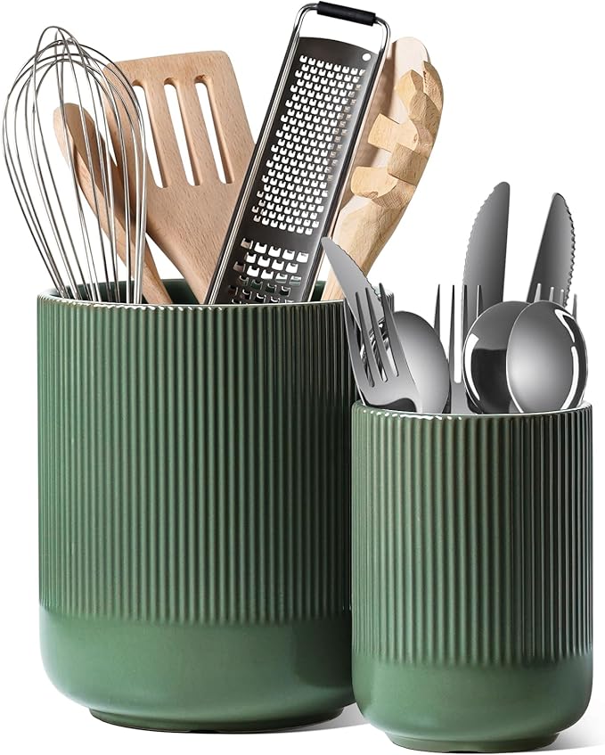LE TAUCI Utensil Holder, 7.3"+5.4" Ceramic Kitchen Utensil Holder for Countertop, Large Cooking Utensil Crocks for Kitchen Counter, Modern Utensil Organizer for Spatula, Set of 2, Forest Green