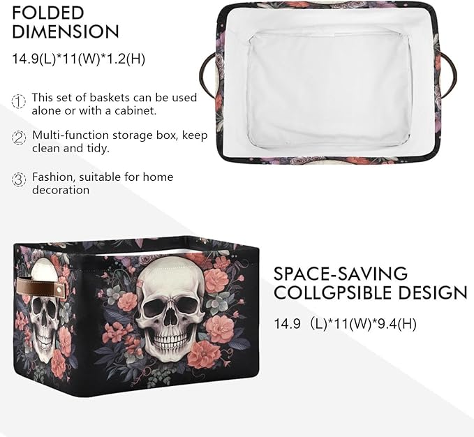 Halloween Basket Black Rose Skull Baskets with Handles Collapsible Organizer Box Shelf Storage Baskets for Holiday Home Decor 1PC