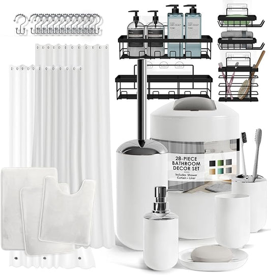 Clara Clark Bathroom Accessories Set - 28PC Bathroom Set with Adhesive Corner Shower Caddy Hanging, Bathroom Sets with Shower Curtain and Rugs, White Shower Curtain Set with Bathroom Trash Can
