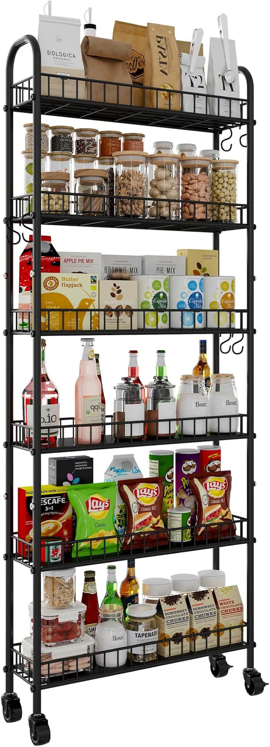 Rolling Storage Cart with Wheels, Slim Rolling Utility Cart with Wheels, 6-Tier Narrow Storage Cart for Kitchen, Bathroom, Laundry, Dorm, Metal Organizer Cart for Small Spaces (Black, 6 INCH)